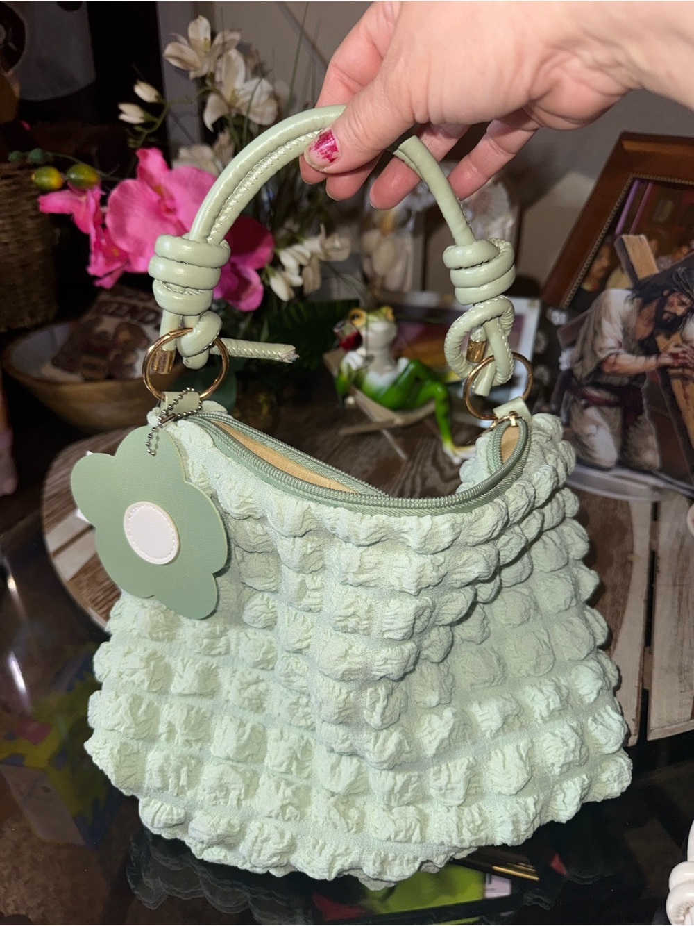 Stylish Textured Knit Top-Handle Bag in Sage Green - Picture 6 of 9